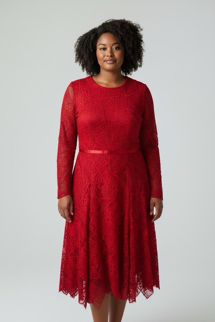 Tadashi Shoji Lace Midi Dress Gown Sz 12 Burgundy Wine Long Sleeve